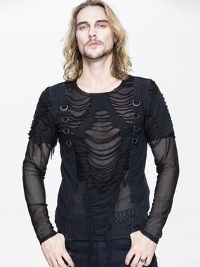 Devil Fashion Men's Black Distressed Mesh Gothic Top